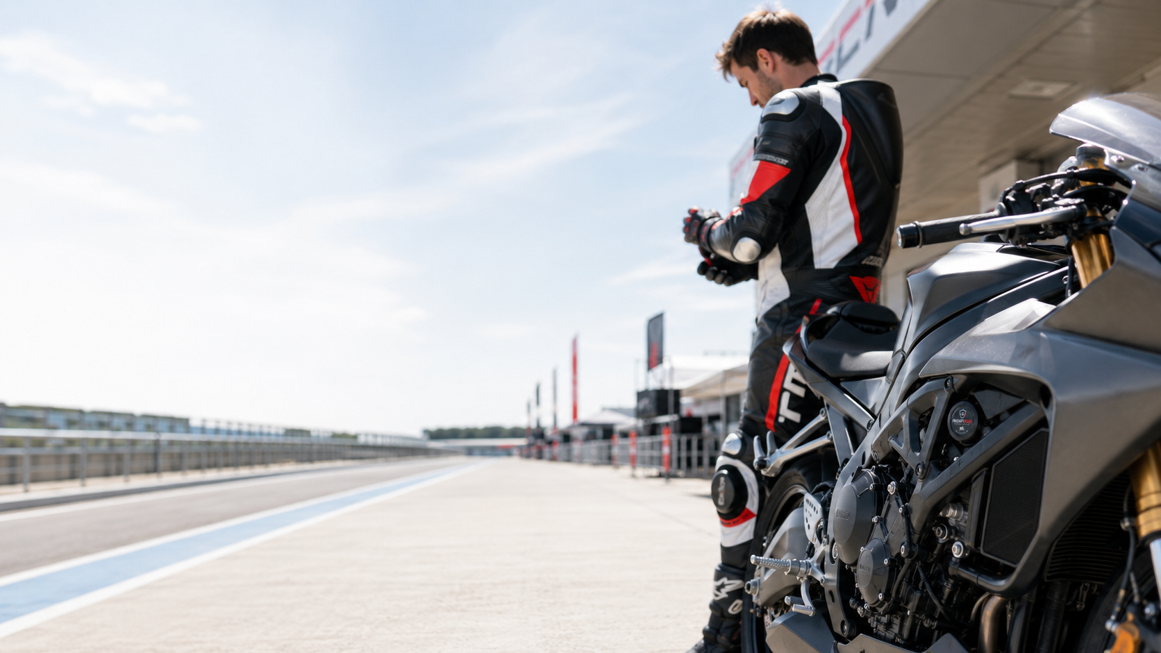 Rider preparing to head out onto the track, RiderSOS tag fitted to the motorcycle